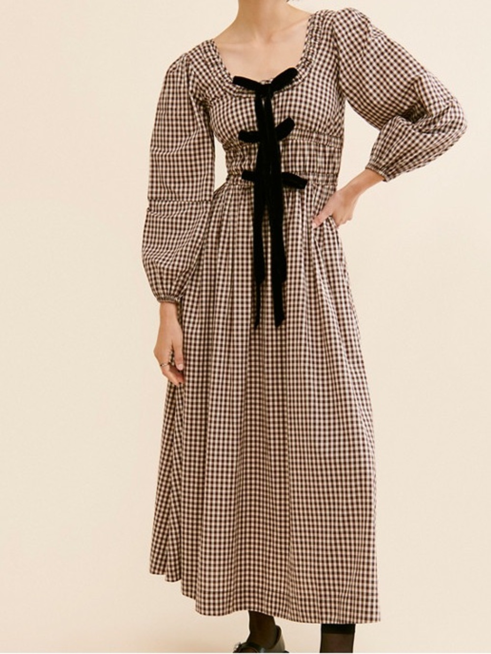 Gingham Long-Sleeve Maxi Dress with Velvet Bow in Brown